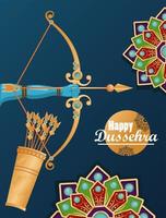 happy dussehra celebration card with arch and arrows in bag vector