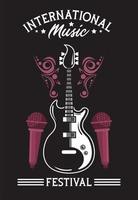 international music festival poster with electric guitar and microphones in black background