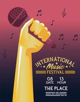 cartel del festival internacional de música con mano y micrófono vector