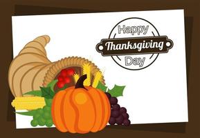 happy thanksgiving day poster with pumpkin in horn and fresh fruits vector