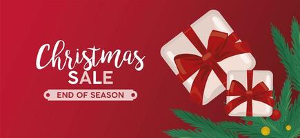 merry christmas sale lettering with gifts and leafs vector