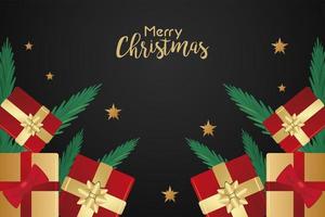 happy merry christmas lettering card with golden and red presents vector