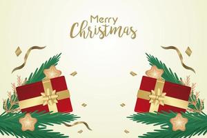 feliz navidad tarjeta de letras con regalos rojos y hojas de pino vector