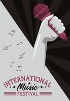 international music festival poster with hand lifting microphone in gray background vector
