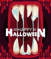 happy halloween horror celebration poster with monster mouth and lettering vector