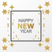 happy new year card with golden stars and confetti in square frame vector