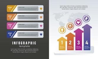 Estadísticas infografías pasos con números y flechas en fondo gris y negro vector