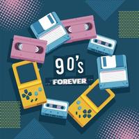 90s forever lettering with set icons around in blue background vector