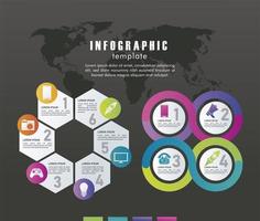 Estadísticas infografías pasos con mapas terrestres en fondo negro vector