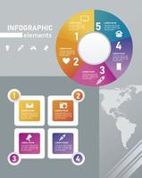 Estadísticas infografías pasos con círculo y cuadrado en fondo gris vector