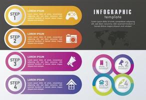 Estadísticas infografías pasos con números y mapas en fondo gris y negro. vector