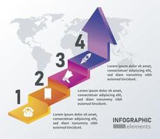 statistics infographics steps with arrow and earth maps in gray background vector