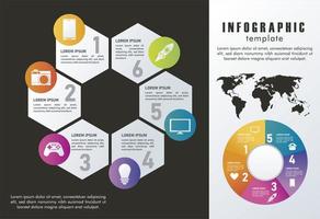 Estadísticas infografías pasos con mapas de planetas eart en fondo gris y negro vector