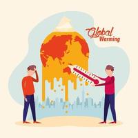 global warming alert with people and melting planet vector