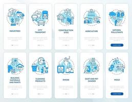 Indoor and ambient air pollutants onboarding app page screen with concepts set vector