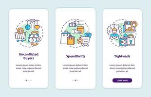 Buyers types onboarding mobile app page screen with concepts vector