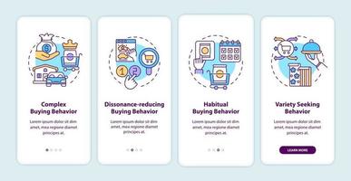 Consumer behavior types onboarding mobile app page screen with concepts vector