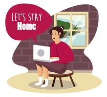 lets stay at home scene with woman working in laptop vector