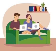 couple using computers work at home vector