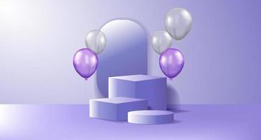 3d geometric podium product display with flying helium purple and silver transparent balloon with purple pastel background color vector