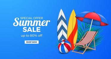 Ilustración 3d silla relajarse bola de tabla de surf y paraguas oferta de venta de verano promoción banner con fondo azul vector