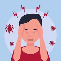 person with headache and covid19 particles vector