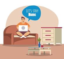 lets stay at home scene with man working in laptop vector