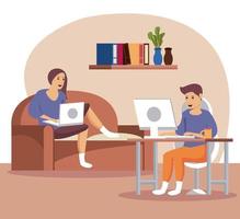 couple using computers work at home vector