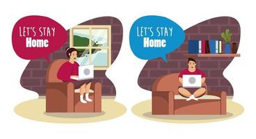 lets stay at home scene with couple working in laptop vector