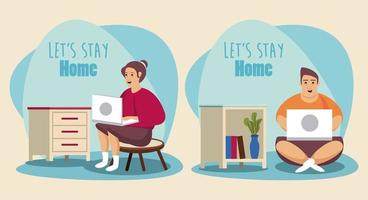 lets stay at home scene with couple working in laptop vector