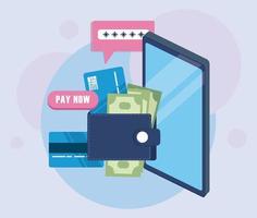 tecnología de pago en línea con dinero de teléfono inteligente y billetera vector