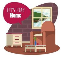 lets stay at home scene with livingroom and speech bubble vector