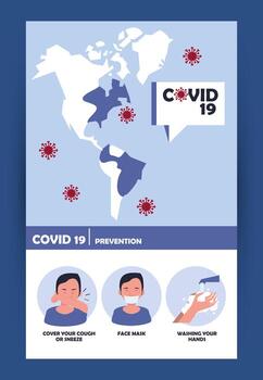 covid19 particles with earth maps and prevention methods vector