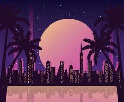 wanderlust poster with palms and cityscape scene vector