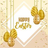 happy easter card with lettering and golden eggs painted hanging vector