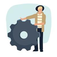 young man character with gear wheel cog vector