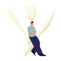 man with spoon fork and knife cutlery food design vector