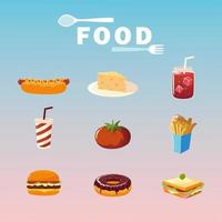 food hot dog burger tomato soda juice sandwich french fries poster vector