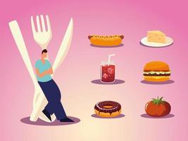 man with cutlery burger sandwich donut cheese and juice food vector