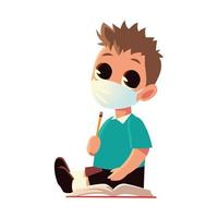 Back to school of boy kid with medical mask pencil and notebook vector design