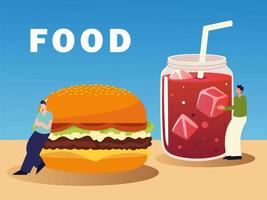 people with burger and juice unhealthy and tasty fast food vector