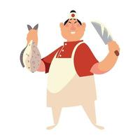 asian chef with fish and knife worker occupation restaurant vector