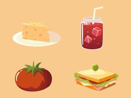 Conjunto de iconos de alimentos, sándwich de jugo de tomate y queso vector