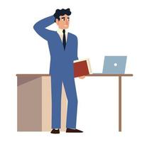 worried business man with folder laptop and desk office vector