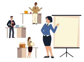 business woman character with board presentatin and people working vector