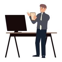 hombre de negocios leyendo documento espacio de trabajo escritorio y computadora vector