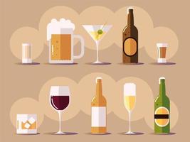 set icons with wine champagne beer botlles cups with drinks vector