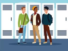 male students characters with backpacks in the hall vector