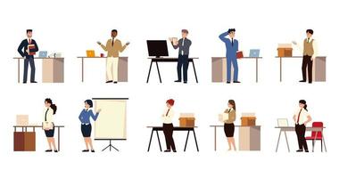 business people characters working in office with desk computer board presentation vector