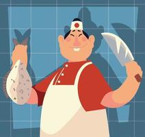 japanese chef holds fish and knife blue background with shadow vector